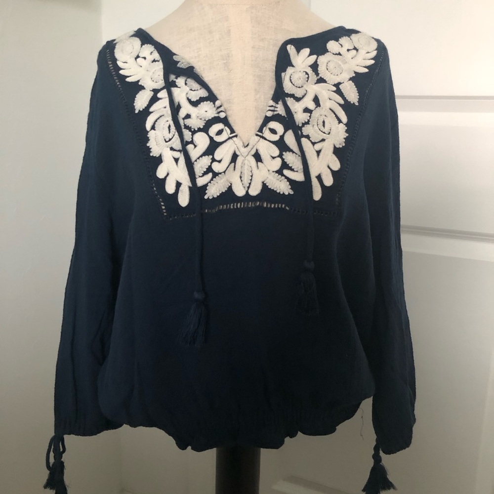 Lucky Brand Navy Embroidered V-Neck Peasant Blouse